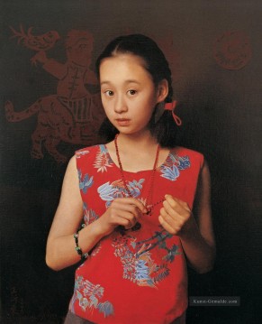 zwischen Sommer und Herbst WJT Chinesische Mädchen mit dem regen Hören Ölgemälde